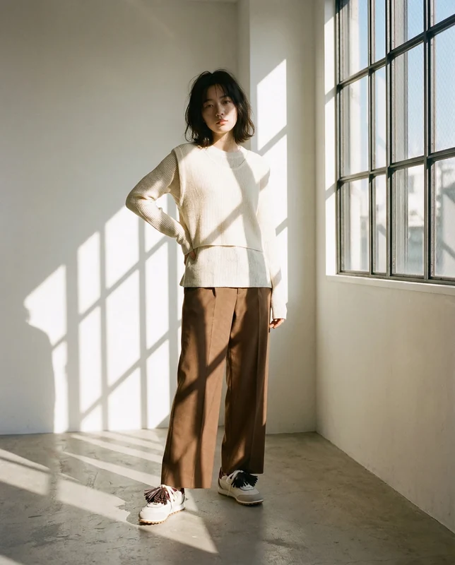 窓から差す光の中で、白いニットと茶色いパンツを着用したモデルのAI作例